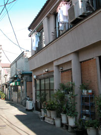 左上の写真の建物の側面。カフェー街建築には曲線が多い。（左）